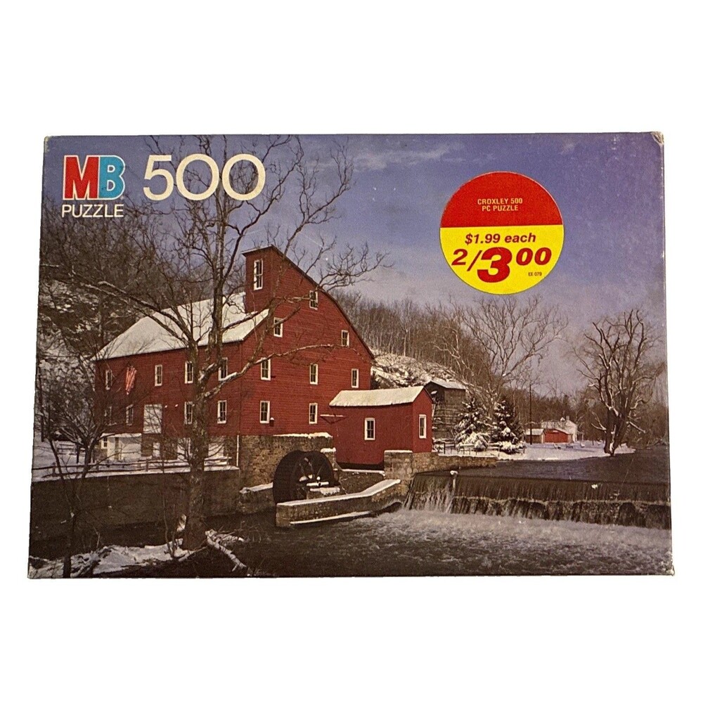 Vintage Milton Bradley Croxley 500 PC Jigsaw Puzzle Winter Red Barn Factory Seal